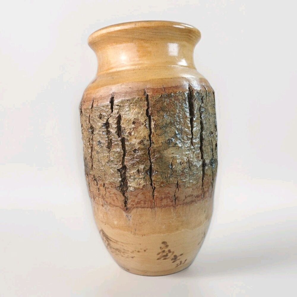 VTG OOK Japanese Signed Bark Wood Decorative Vase Hand‎ Turned Folk Art Rustic